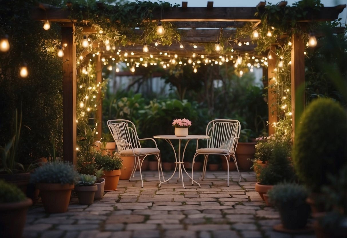 A cozy garden with twinkling fairy lights draped over a pergola, illuminating a small seating area surrounded by potted plants and blooming flowers