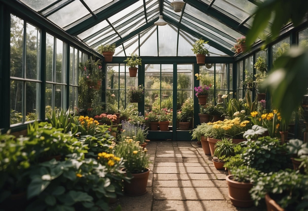 A small greenhouse sits at the end of a garden, filled with vibrant plants and flowers. The structure is made of glass panels and surrounded by lush greenery