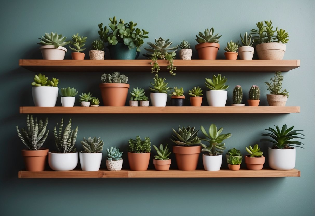 A wall-mounted shelf adorned with potted plants, succulents, and small garden tools, creating a cozy and functional garden extension in a compact space