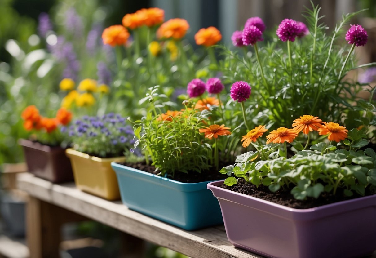 A variety of recycled planters filled with colorful flowers and herbs, arranged in a small garden extension, surrounded by lush greenery