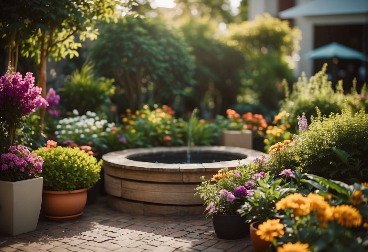 A small garden with raised planters, a cozy seating area, and a small water feature, surrounded by lush greenery and colorful flowers