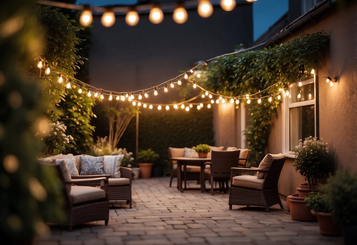 Patio adorned with bistro string lights, creating a warm and cozy ambiance for a fairy lights garden