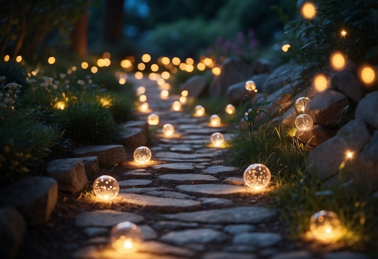 A pathway of glowing stones winds through a garden, illuminated by delicate fairy lights