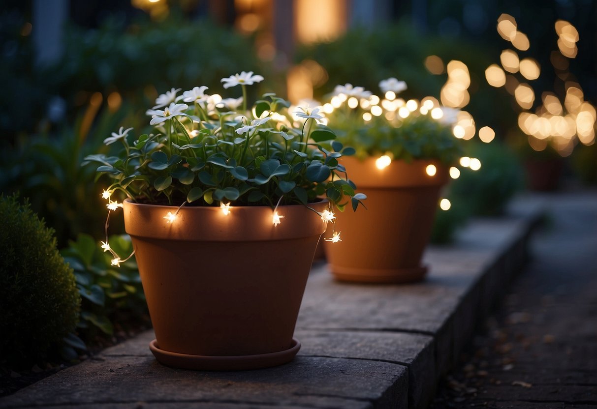 A flower pot filled with twinkling fairy lights illuminates a whimsical garden at night