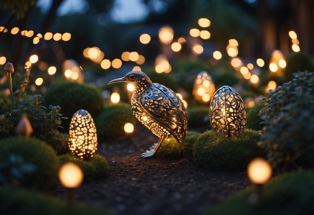 A garden filled with illuminated sculptures, adorned with fairy lights, creating a magical and enchanting atmosphere