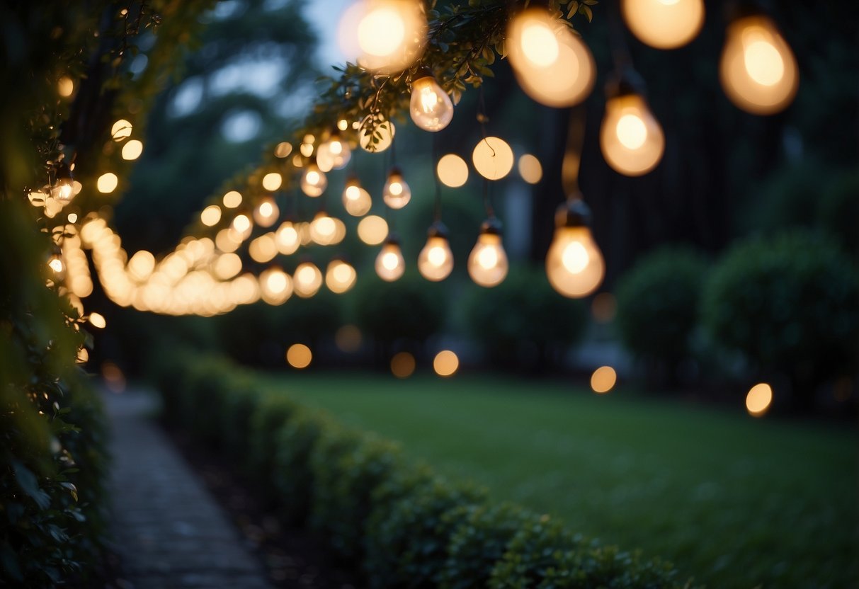 A garden adorned with twinkling fairy lights cascading like a curtain, creating a magical and enchanting atmosphere