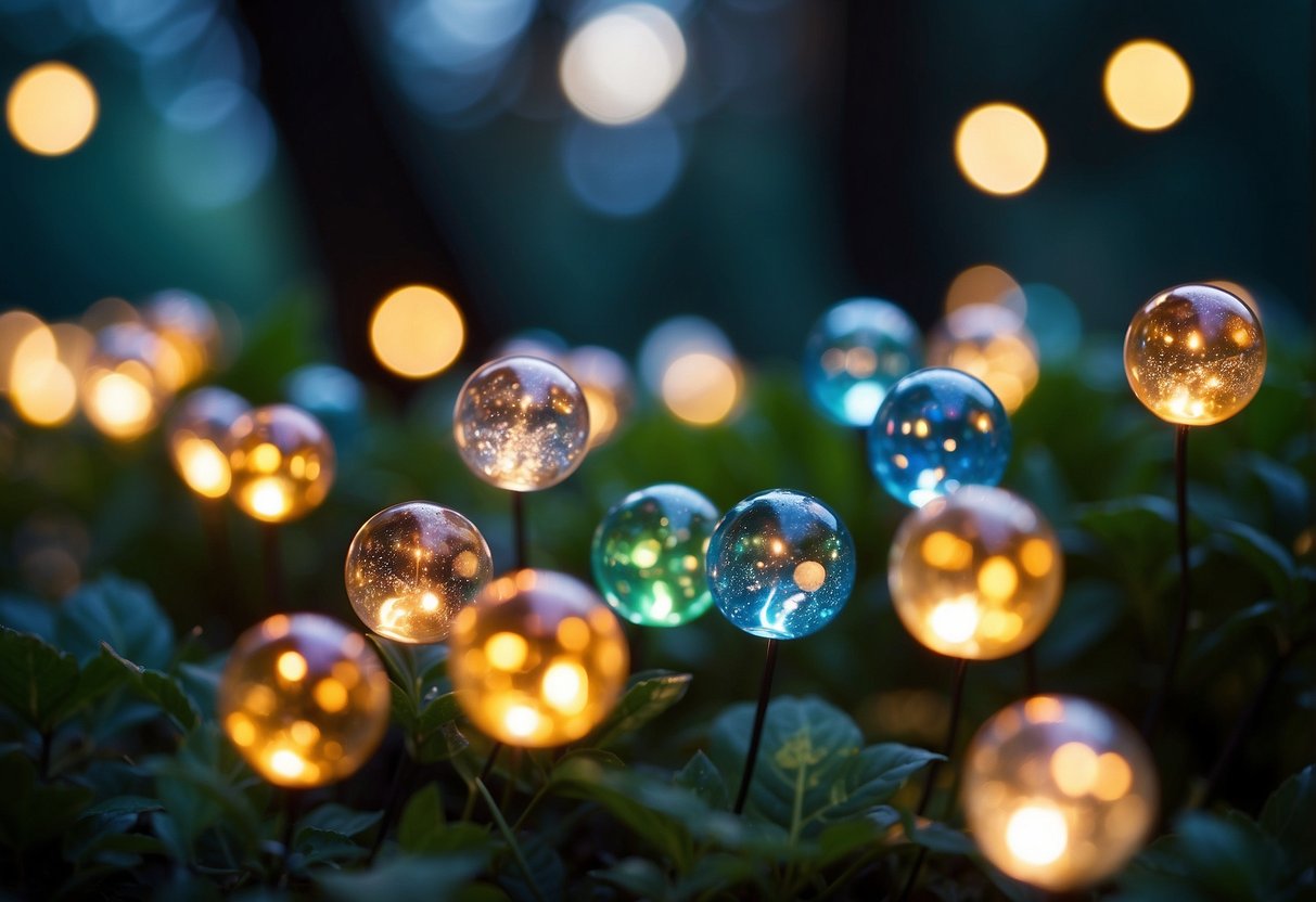 A garden filled with glowing glass marbles strung on fairy lights, creating a magical and enchanting atmosphere