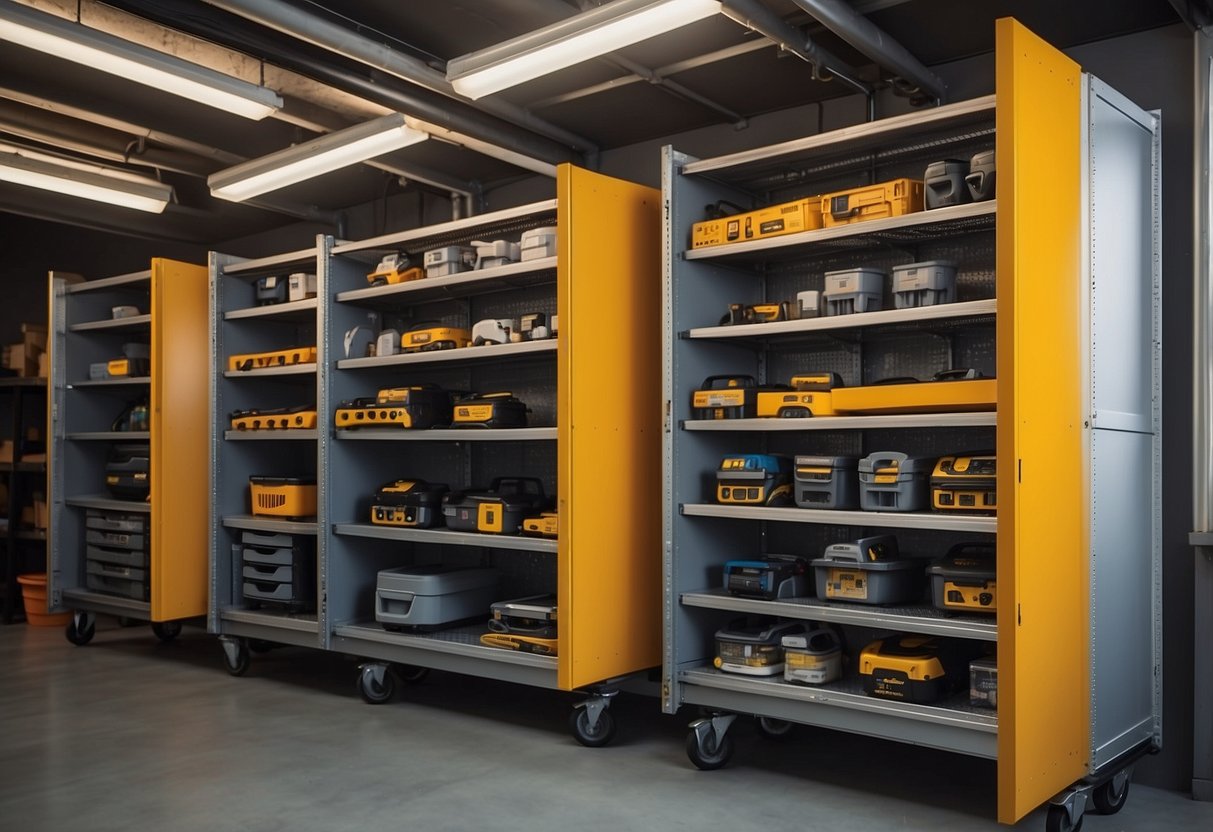 Multiple stackable cabinet units are mounted on the garage wall, creating a clean and organized storage space for tools, equipment, and other items