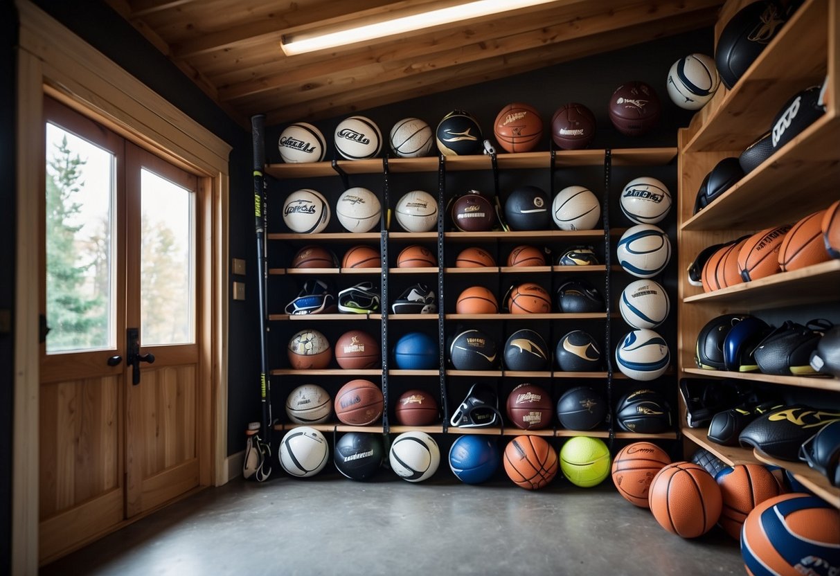 A garage wall with mounted shelves holding various sports equipment such as basketballs, soccer balls, tennis rackets, and helmets. Hooks and racks hold bats, golf clubs, and hockey sticks