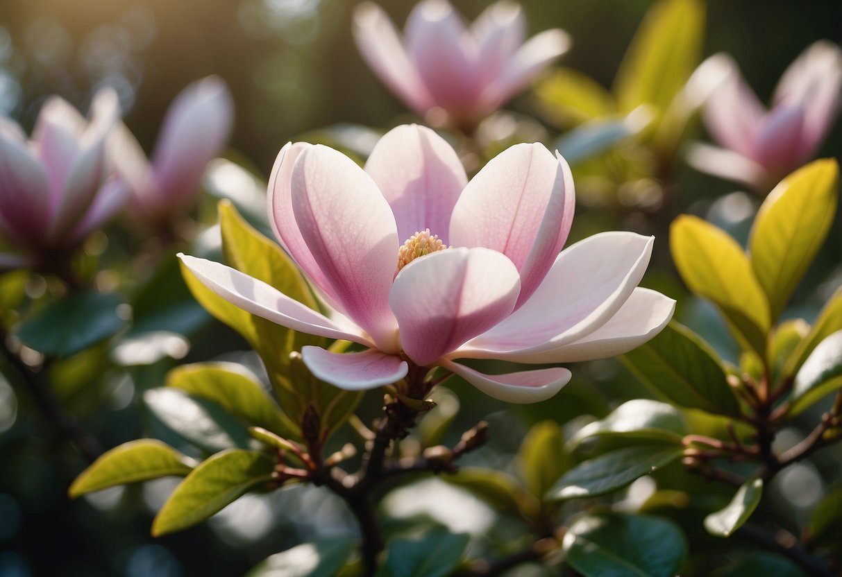 A small little gem magnolia tree basks in the full sun, surrounded by colorful flowers and lush greenery in a garden