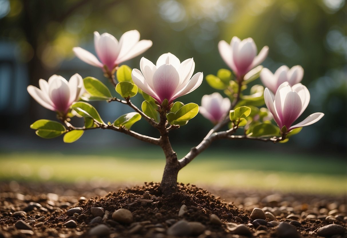 A little gem magnolia tree thrives in well-drained soil, surrounded by lush greenery and colorful flowers in a peaceful garden setting