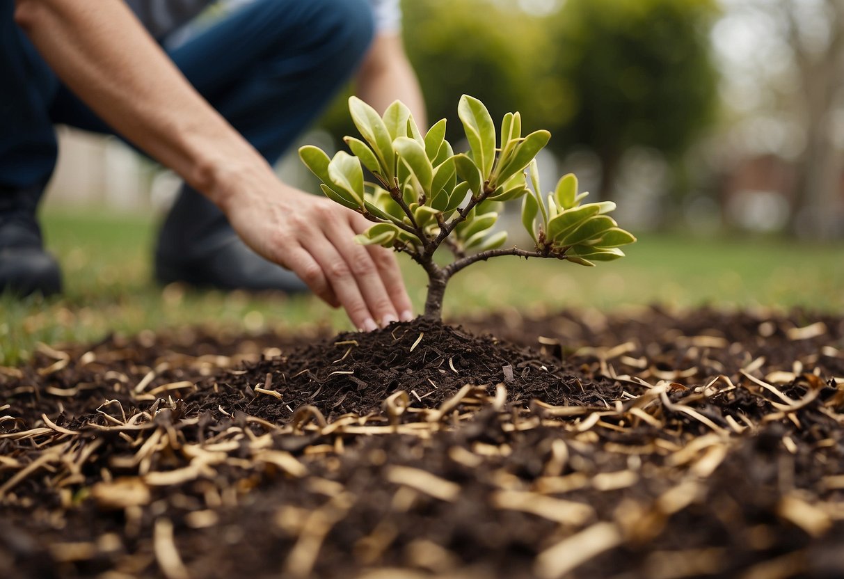 A gardener adds mulch around a little gem magnolia tree for moisture retention