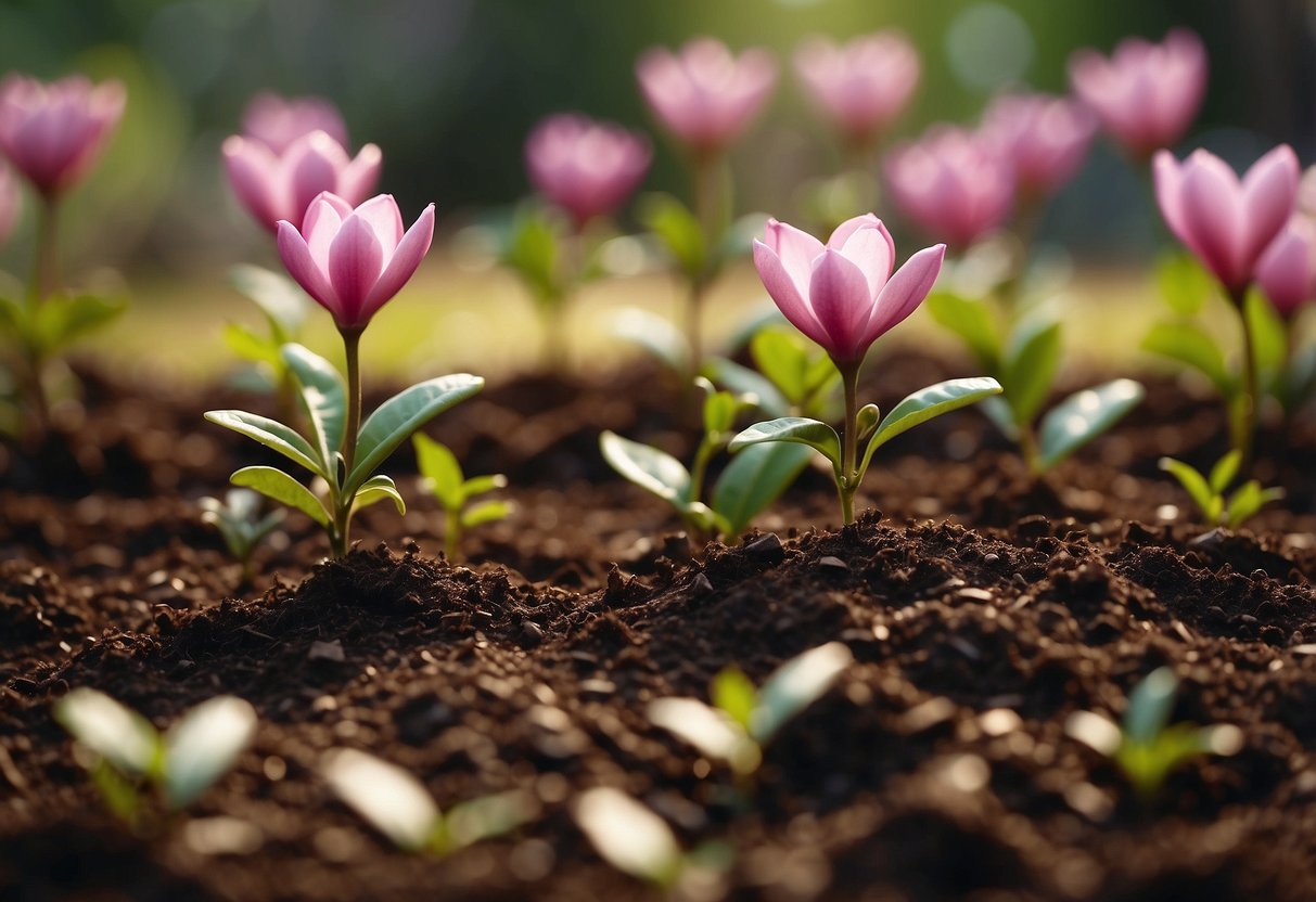 A small garden with little gem magnolias surrounded by composted manure for healthy growth