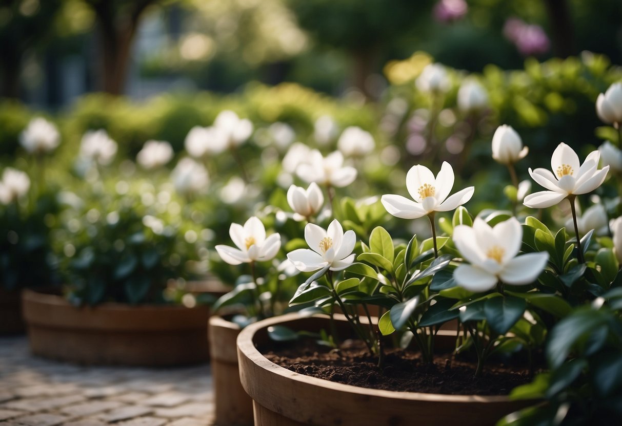 A lush garden with raised beds filled with little gem magnolias