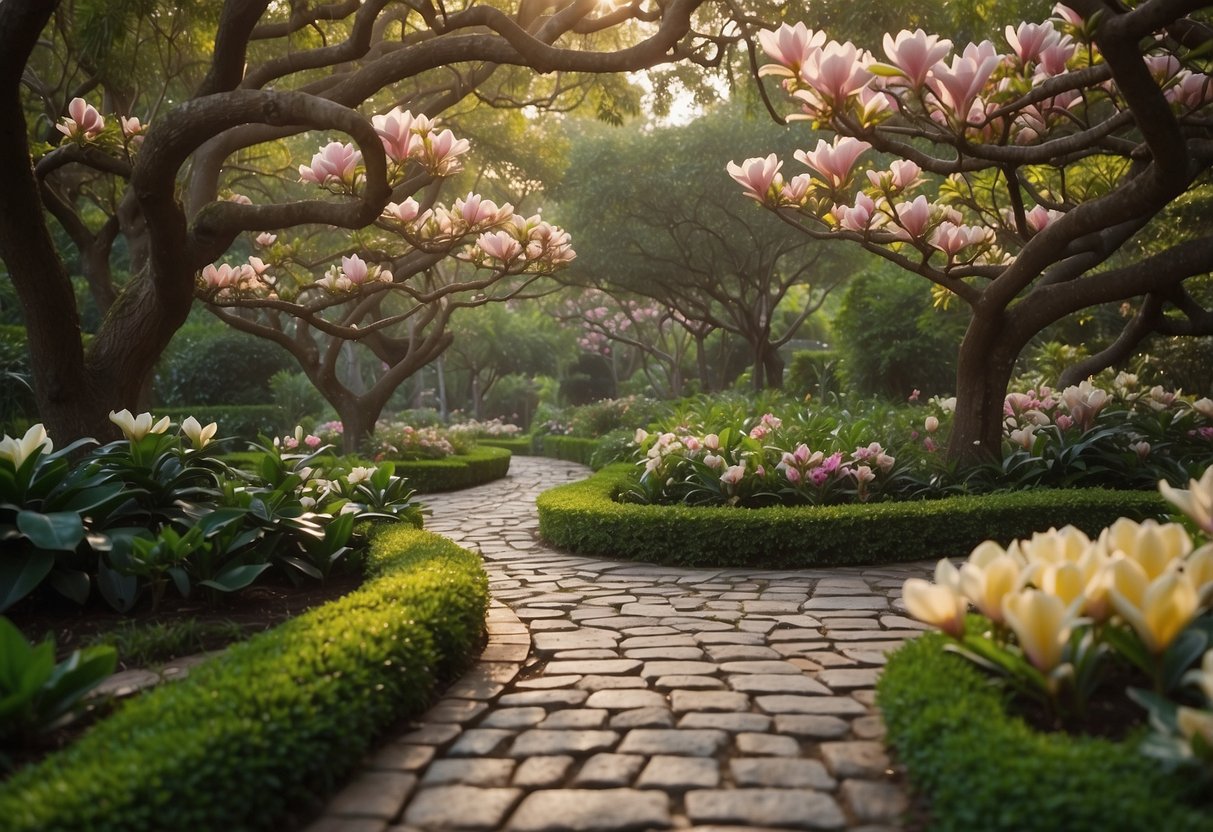 A winding pathway leads through a lush garden of little gem magnolia trees, with colorful flowers and green foliage creating a serene and inviting atmosphere