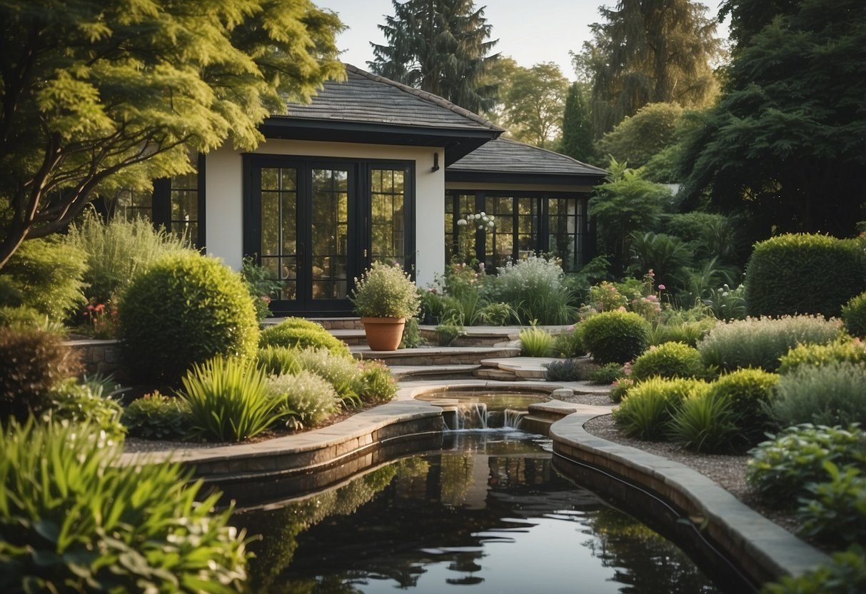 A serene garden with a water feature, surrounded by lush greenery and a cozy garden room