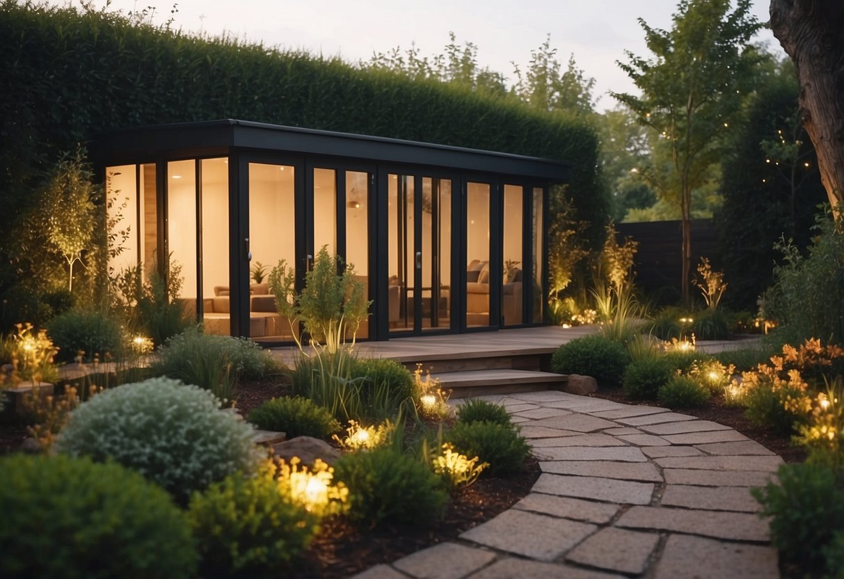 A garden room with soft, warm outdoor lighting illuminating the surrounding plants and pathways