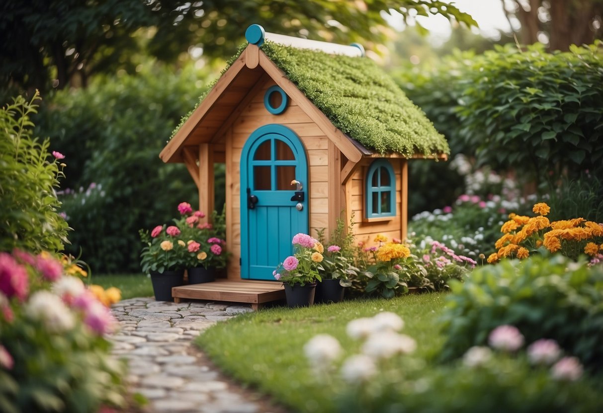 A charming garden playhouse nestled among vibrant flowers and lush greenery, with a cozy seating area and whimsical decor