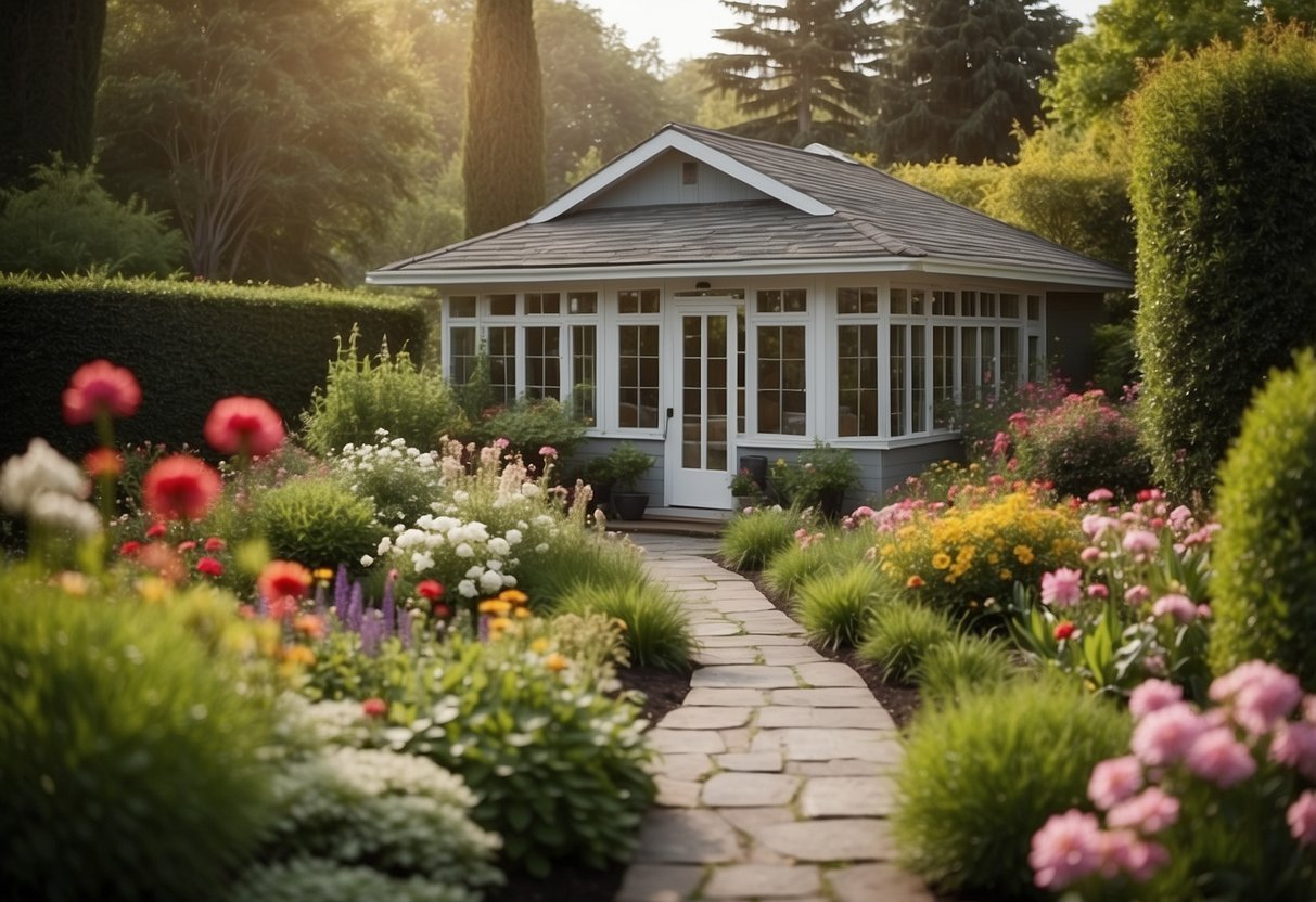 A serene backyard with lush greenery, a cozy garden room nestled among colorful flowers, and a peaceful view of the surrounding landscape