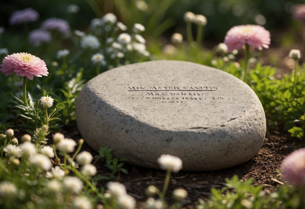 A garden stone with engraved names and wedding date sits among blooming flowers in a lush garden setting, surrounded by a peaceful and romantic atmosphere