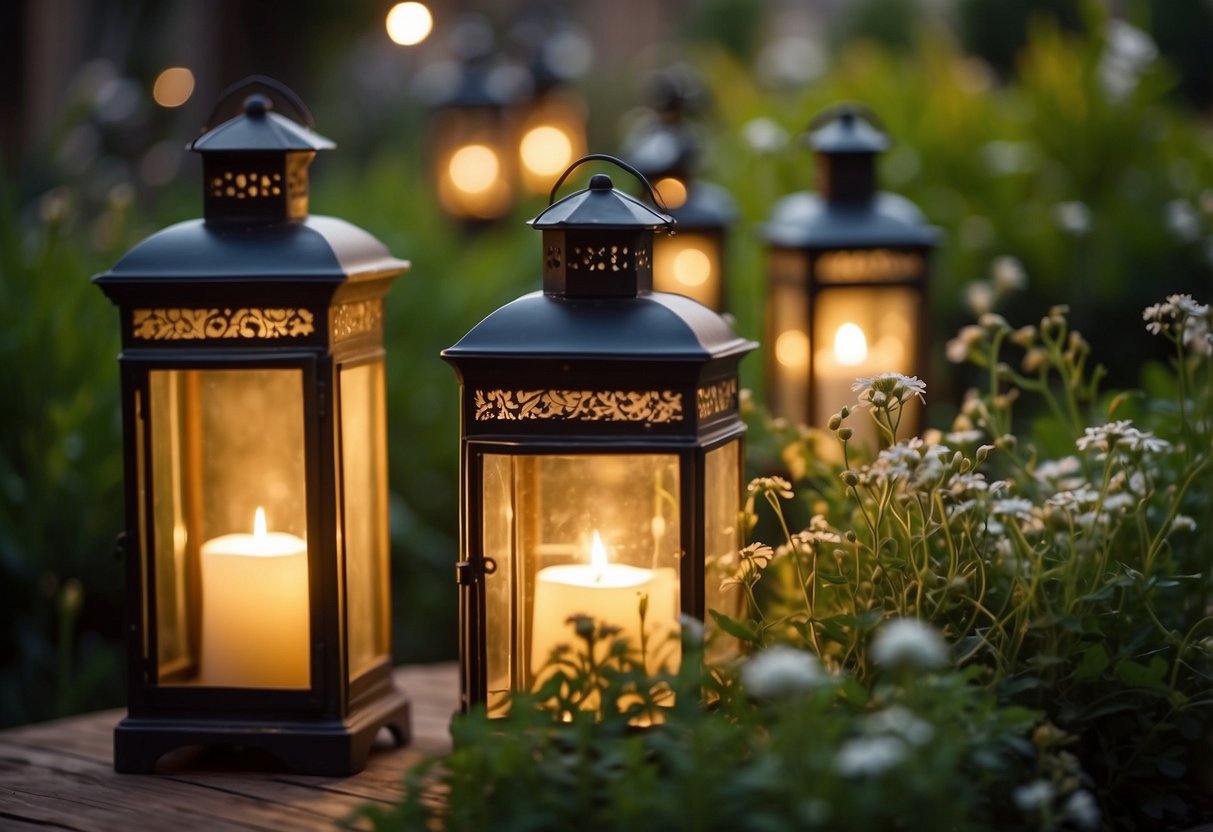 Rustic lanterns adorn garden tables, casting warm light. Wildflowers and greenery surround them, creating a romantic ambiance for a vintage-themed wedding