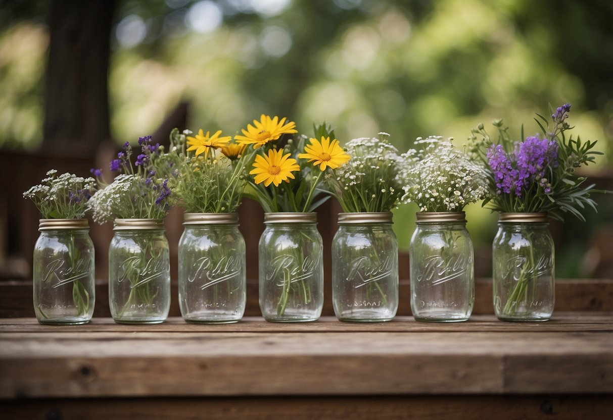 Rustic mason jars filled with wildflowers and greenery sit atop wooden tables at a garden wedding, creating a charming and natural atmosphere