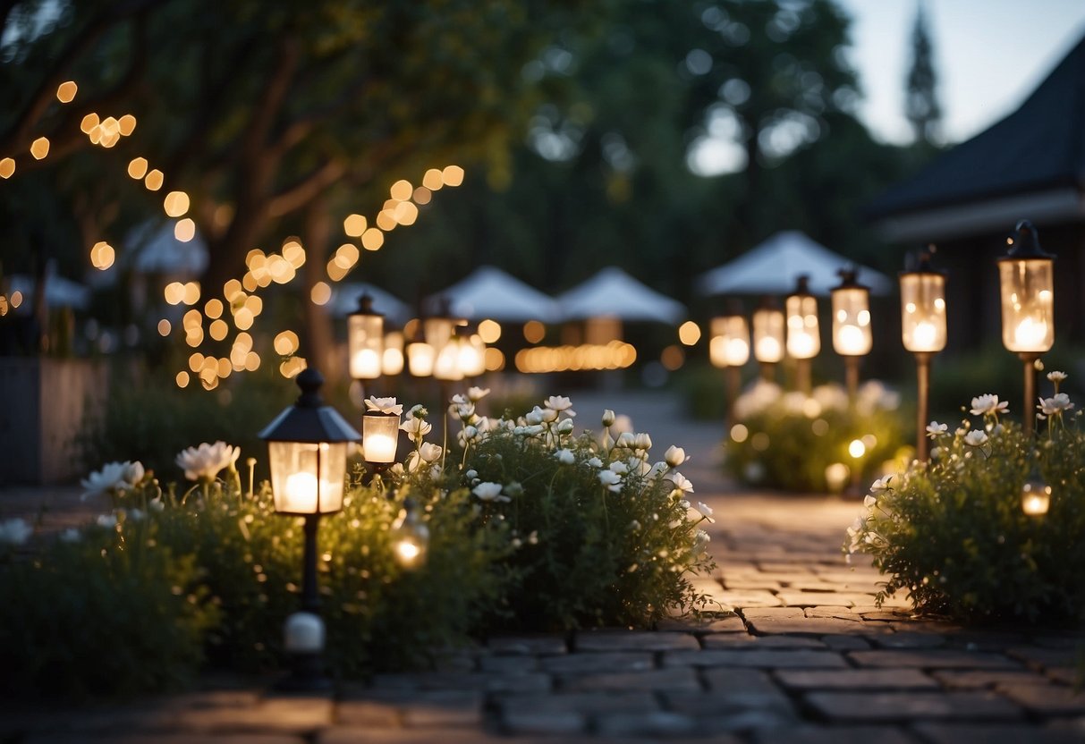 A garden filled with solar-powered lights, illuminating a wedding gift table