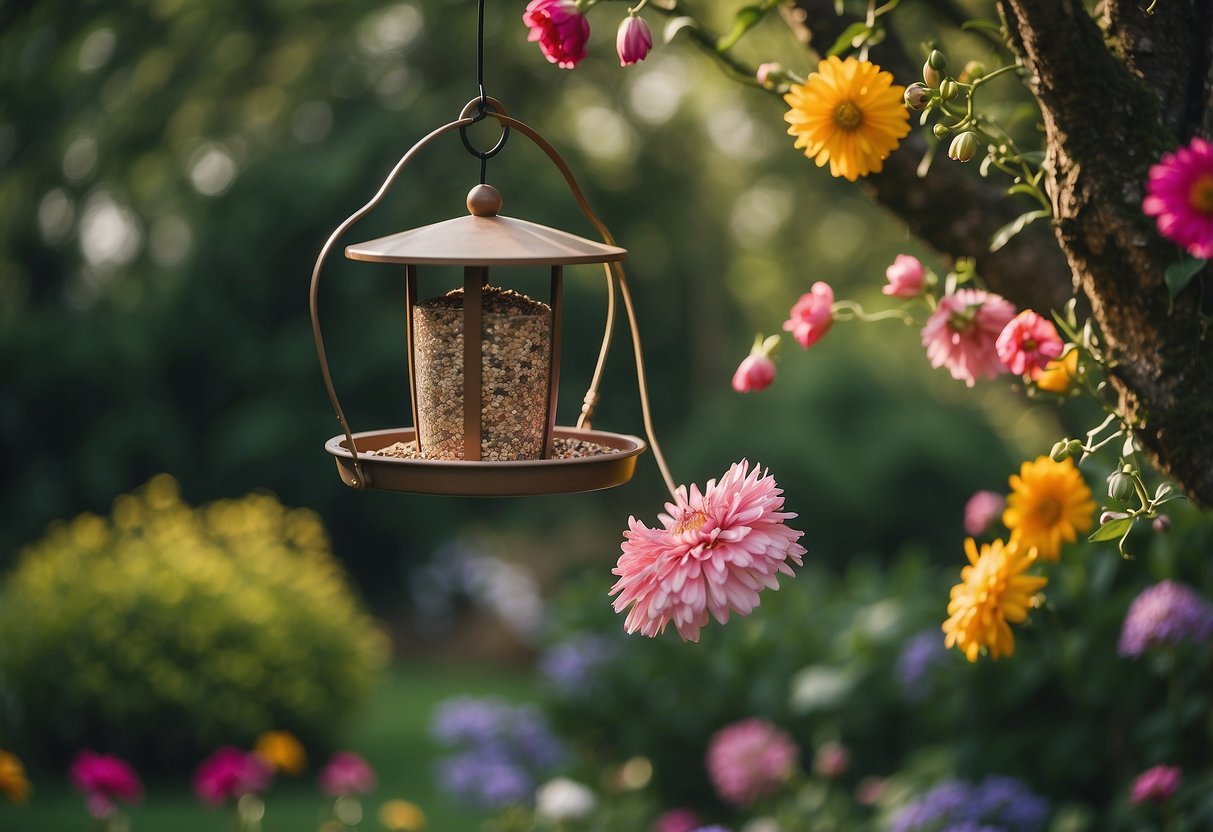 A bird feeder hangs from a tree in a lush garden, surrounded by colorful flowers and fluttering birds. Personalized details adorn the feeder, making it a unique wedding gift idea