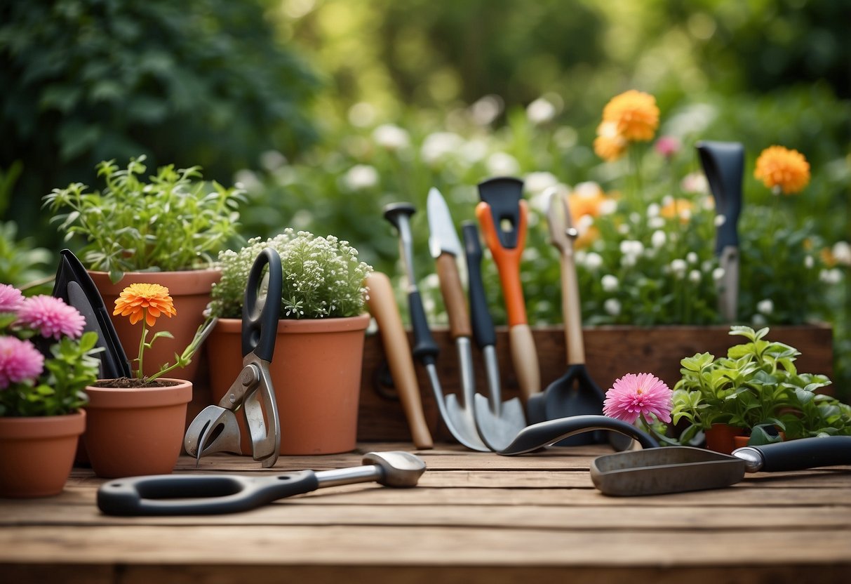 A set of garden tools lies neatly arranged on a wooden table in a lush garden, surrounded by blooming flowers and vibrant greenery