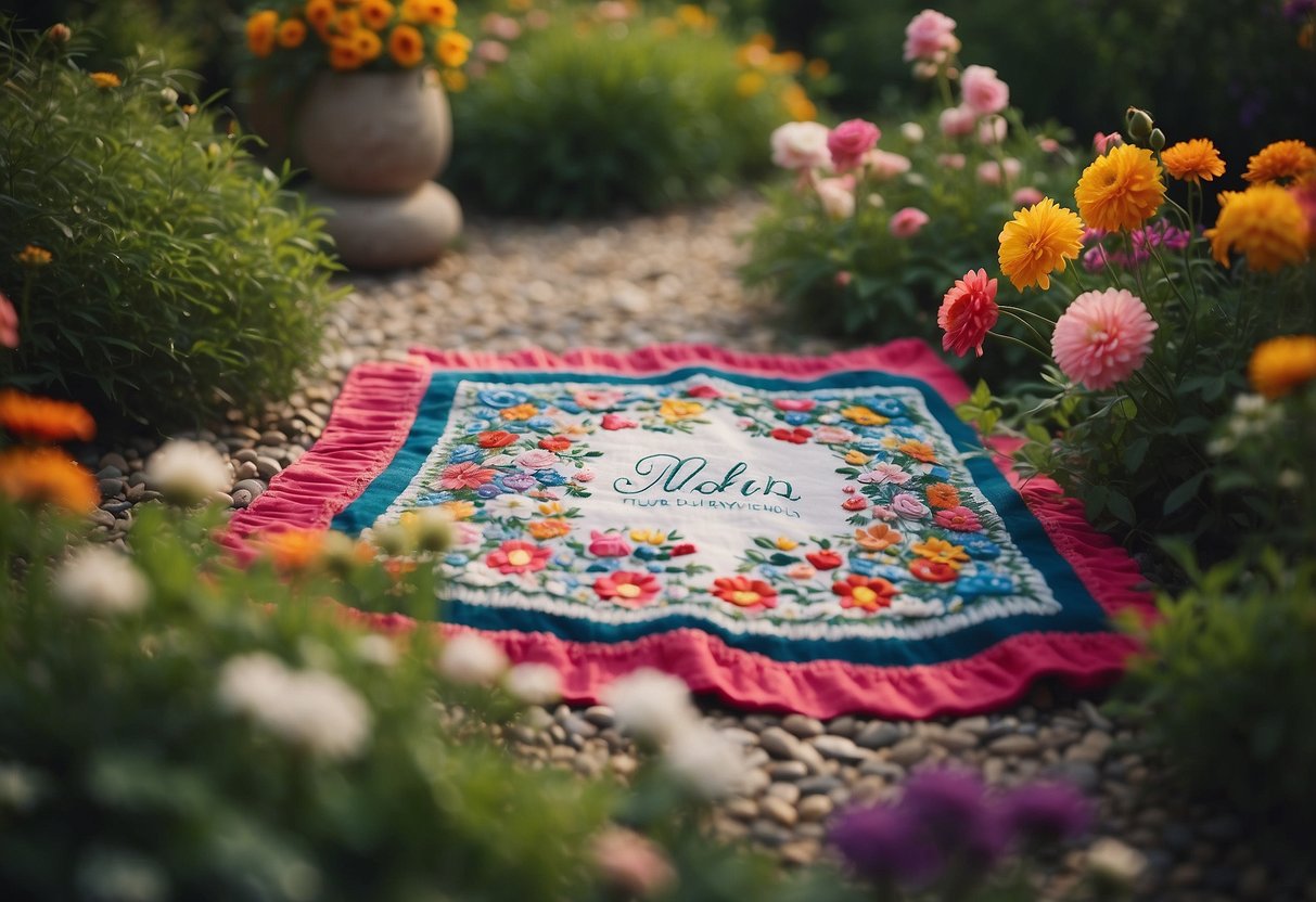 A colorful outdoor blanket with the couple's names embroidered on it, surrounded by blooming flowers and greenery, makes for a perfect garden wedding gift idea