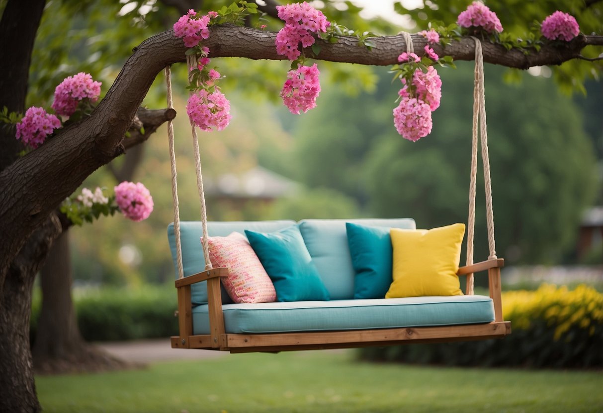 A cozy loveseat swing hangs from a sturdy tree branch, adorned with colorful cushions and surrounded by blooming flowers, perfect for a romantic garden wedding gift