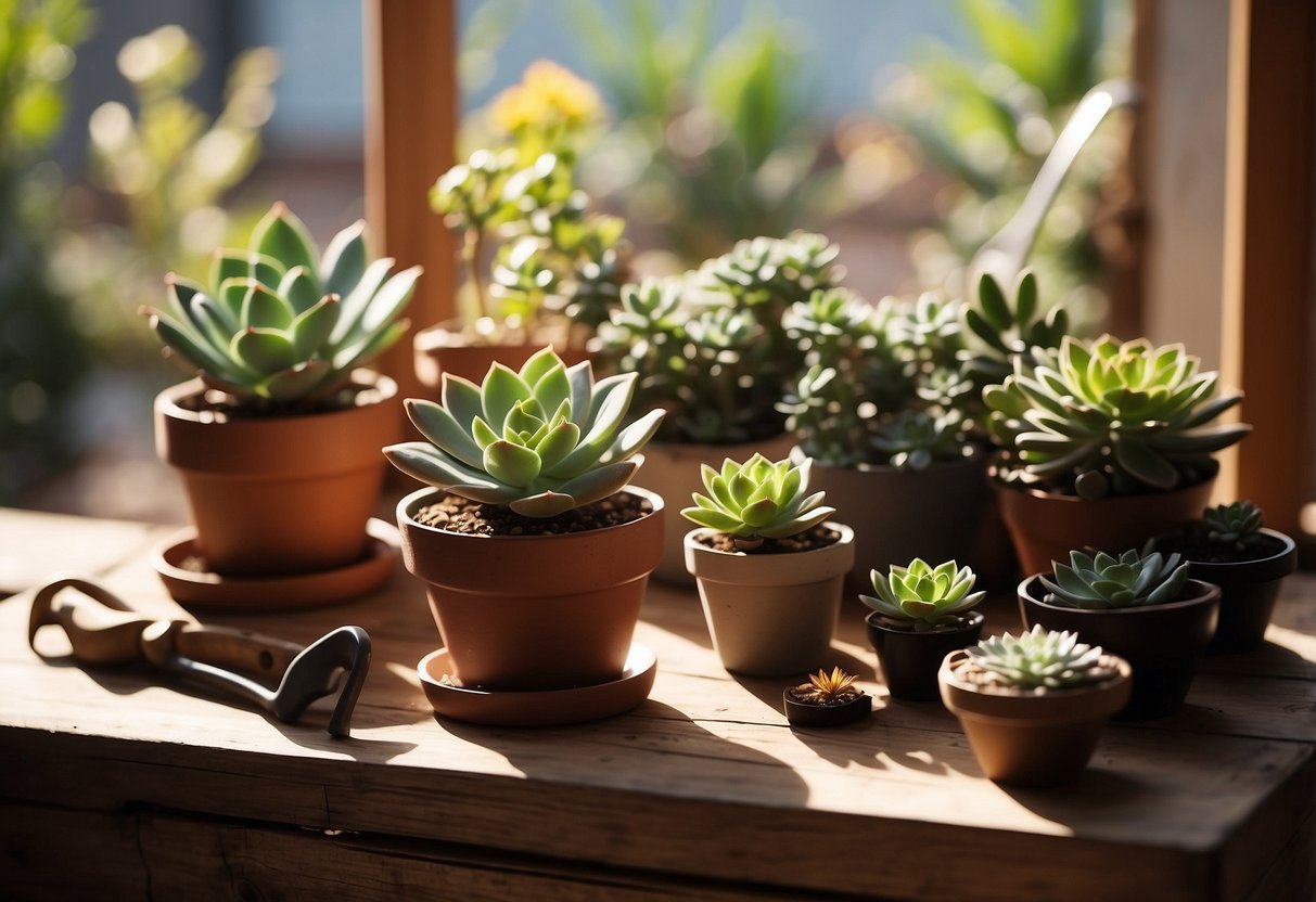 A succulent plant kit arranged on a rustic wooden table, with garden tools and decorative pots nearby. Sunlight streams in through a nearby window, casting soft shadows on the scene