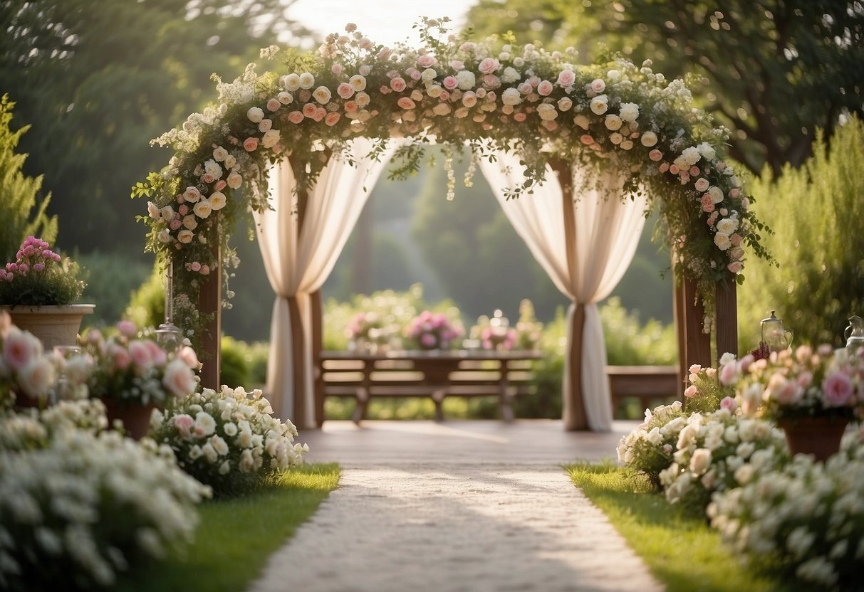 A serene garden with blooming flowers, a rustic wooden arch adorned with delicate fabric, and scattered gift tables with elegant wrapping and floral accents