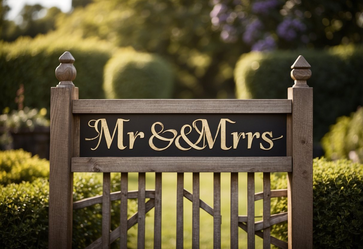 A wooden sign with "Mr. & Mrs." hangs on a garden gate. A table displays personalized garden tools and a custom engraved birdhouse