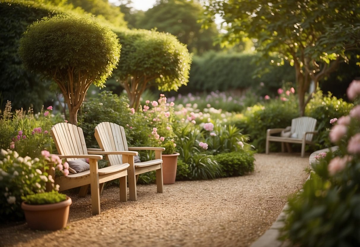 A serene seating area with golden gravel paths, surrounded by lush greenery and blooming flowers. A small table and chairs invite relaxation in this tranquil garden setting