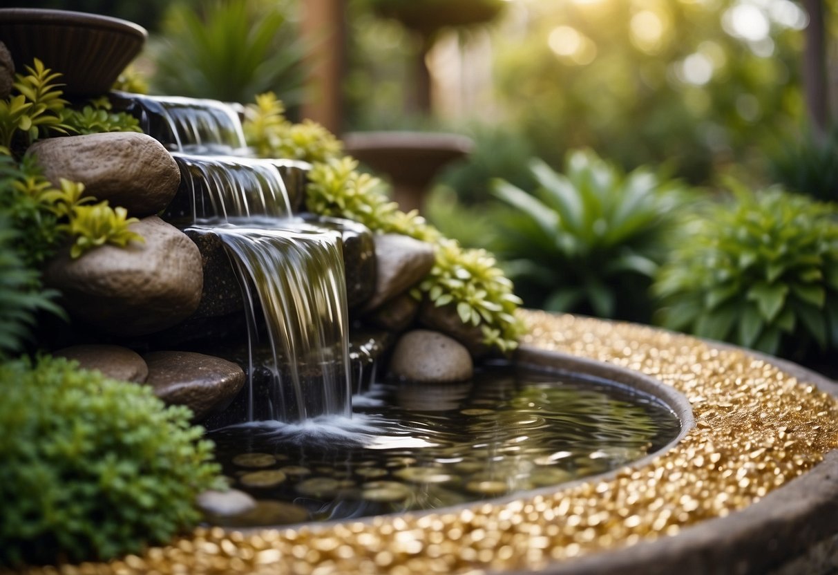 A serene water feature with golden gravel surrounds, nestled within a lush garden