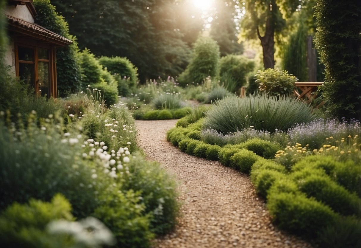 A lush herb garden with winding gravel paths and golden gravel accents