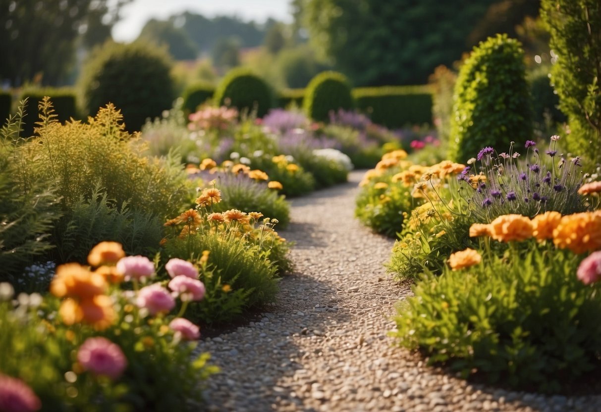 A serene garden with golden gravel paths winding through vibrant greenery and colorful flowers, creating a peaceful and low-maintenance outdoor space