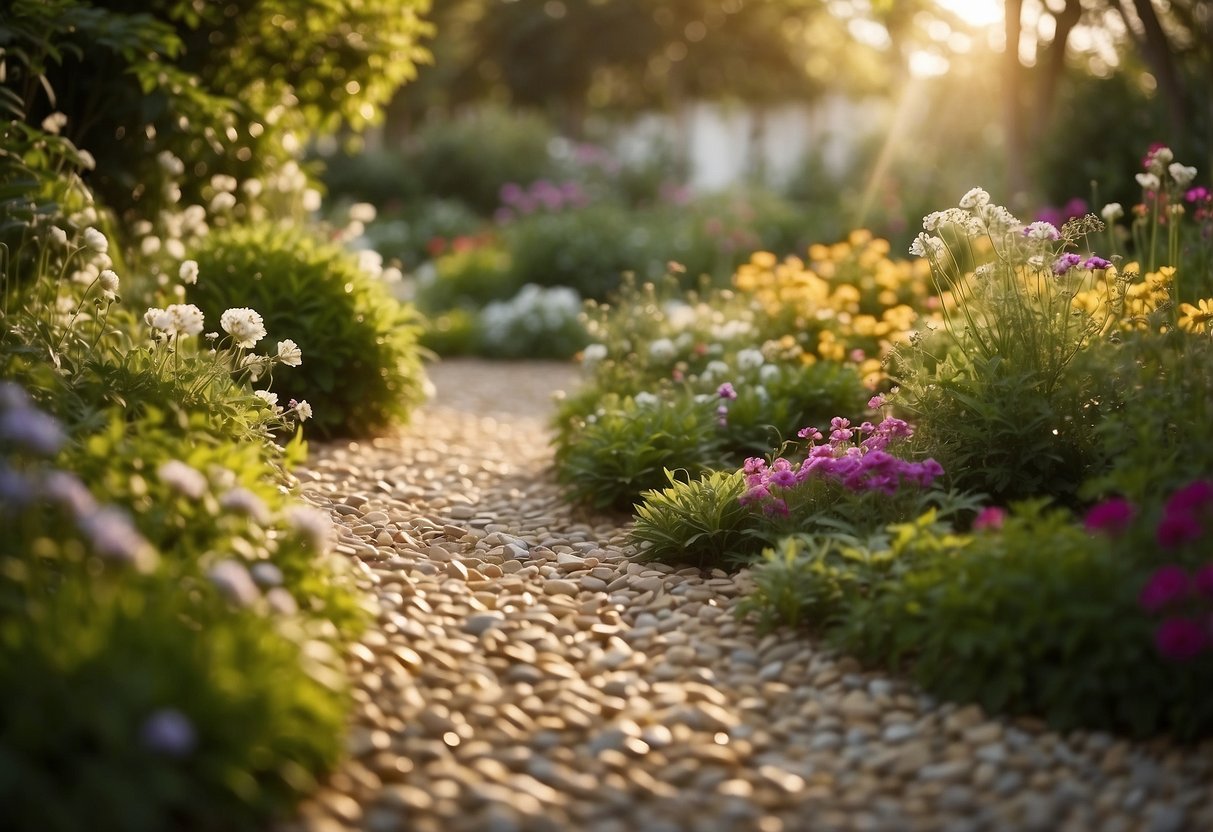 A garden path winds through a bed of golden gravel, bordered by lush green plants and vibrant flowers. The sunlight glistens off the smooth stones, creating a warm and inviting atmosphere