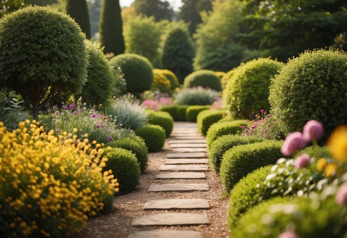 A serene garden with golden gravel paths winding through lush greenery and vibrant flowers, with neatly trimmed hedges and carefully placed decorative features