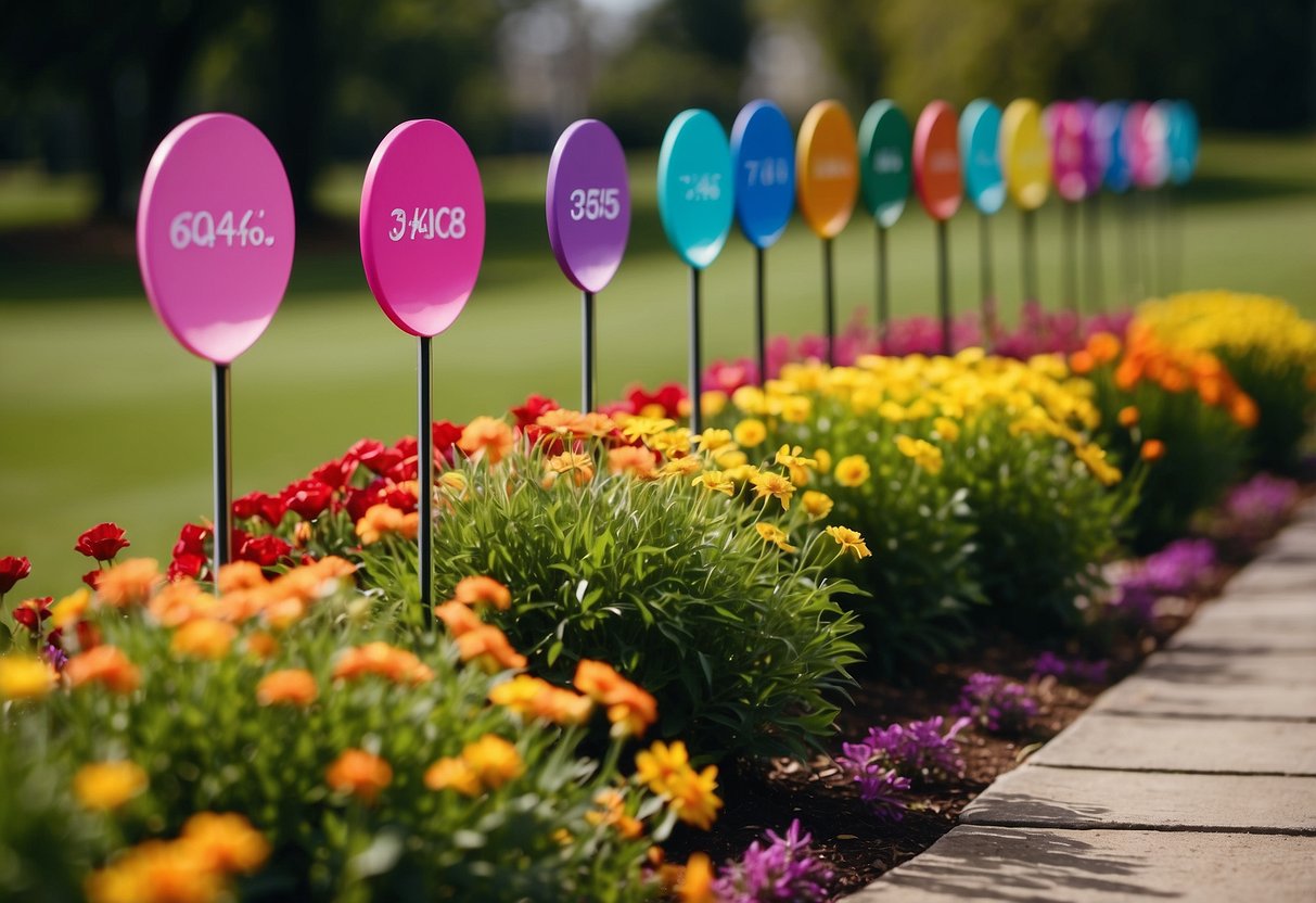 Colorful garden stakes arranged in a line, marking the tee area of a golf course. Vibrant flowers and greenery surround the markers, adding a pop of color to the landscape