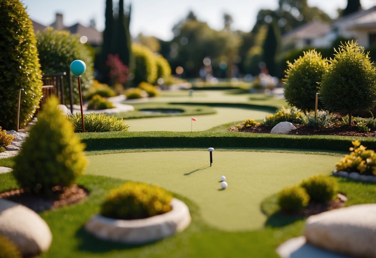 A neatly manicured lawn with a defined edge, surrounded by miniature golf obstacles and decorative garden elements