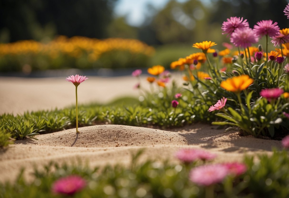 A sand trap flower bed in a golf garden, with vibrant flowers and neatly raked sand