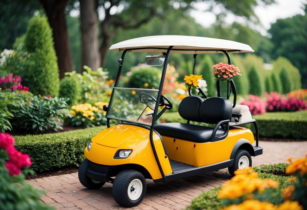 A golf cart, transformed into a whimsical garden statue, sits among lush greenery and colorful flowers, adding a playful touch to the outdoor space