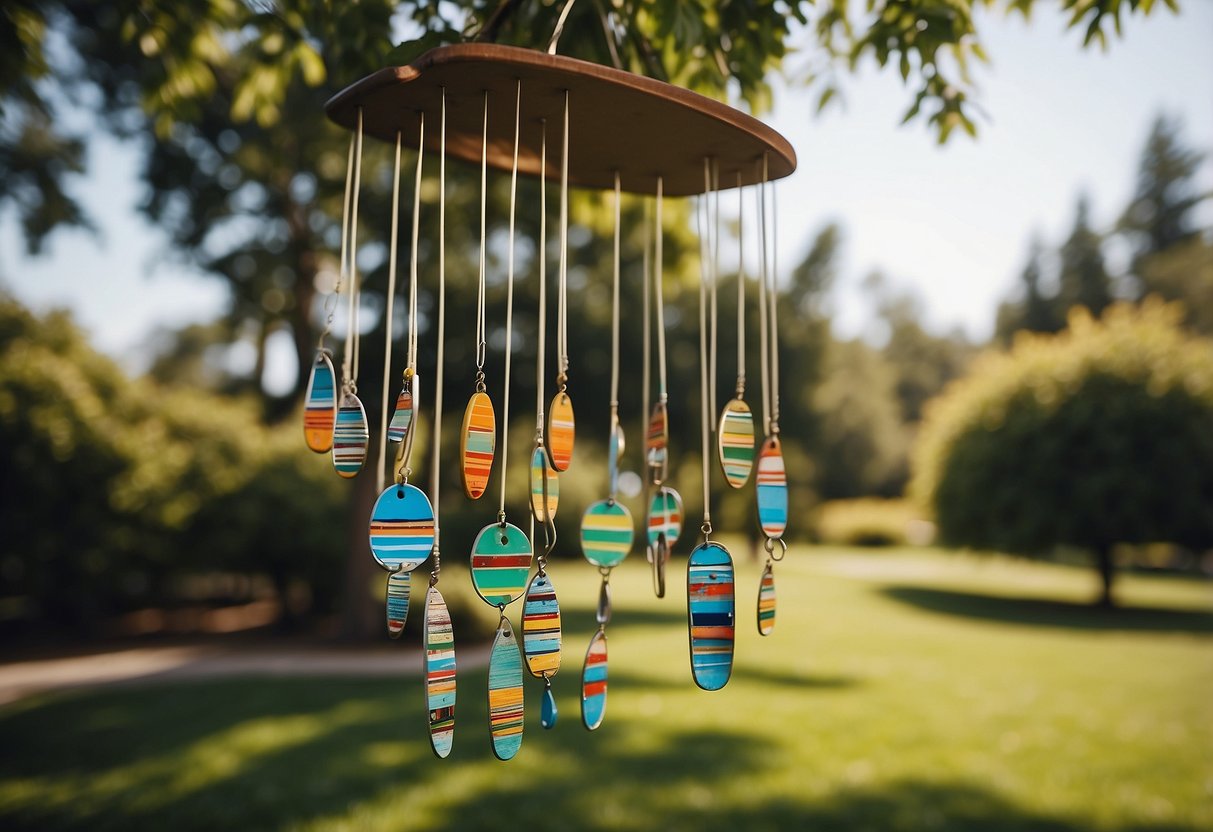 A colorful wind chime made of decorative golf clubs hangs from a tree in a lush garden, swaying gently in the breeze