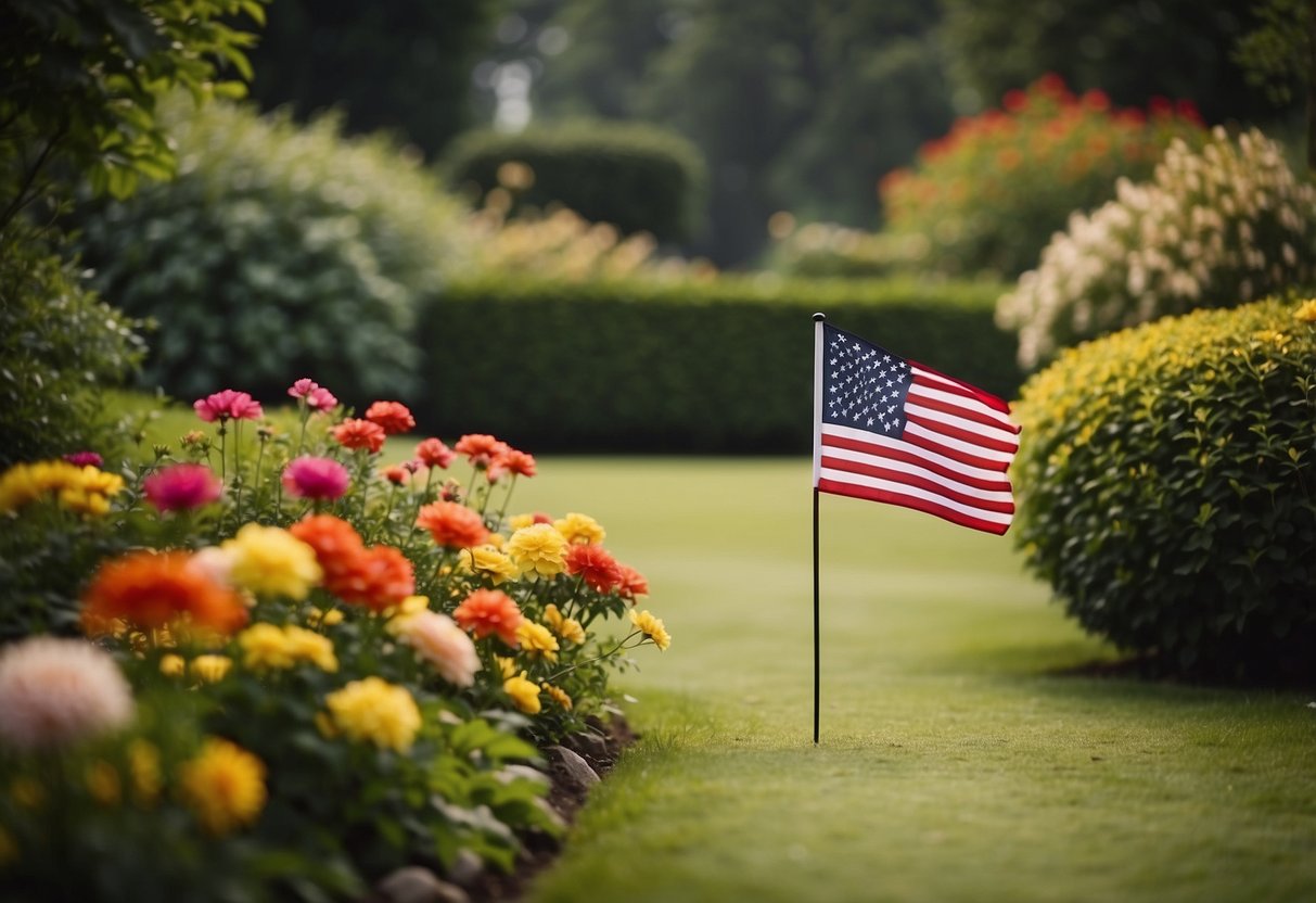 A vibrant, personalized golf flag flutters in a well-manicured garden, surrounded by lush greenery and vibrant flowers