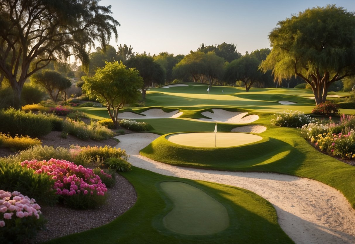 A lush green garden with winding paths, water features, and strategically placed sand traps. A variety of colorful flowers and shrubs line the fairways, creating a picturesque and inviting atmosphere for golf enthusiasts