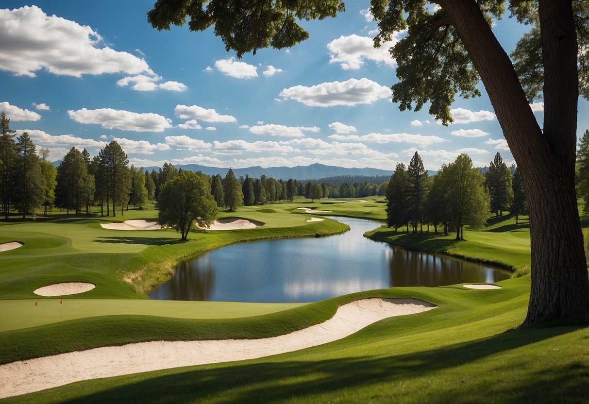 A lush green landscape with rolling hills, a winding river, and strategically placed sand traps and water hazards. Tall trees line the fairways, and a bright blue sky with fluffy white clouds completes the idyllic setting