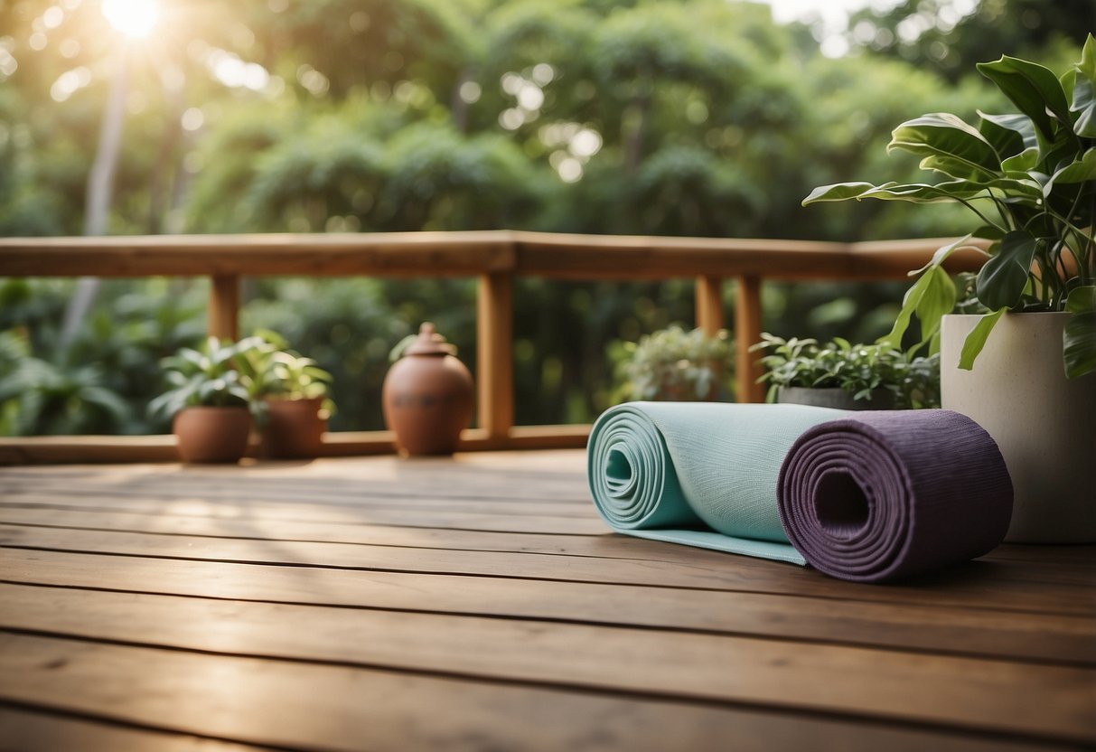 A wooden deck surrounded by lush greenery, with yoga mats and props neatly arranged. A serene atmosphere with soft lighting and a view of nature