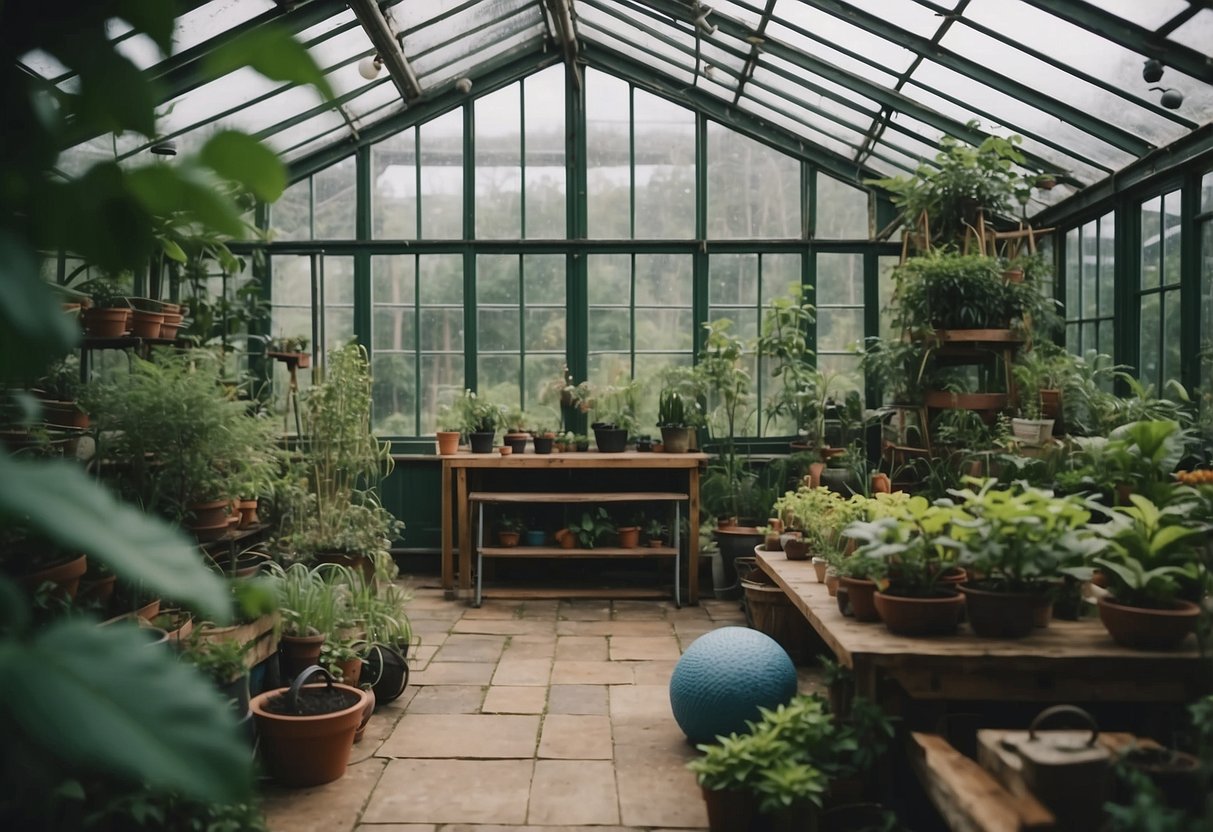 A greenhouse converted into a gym, filled with upcycled equipment and surrounded by lush greenery